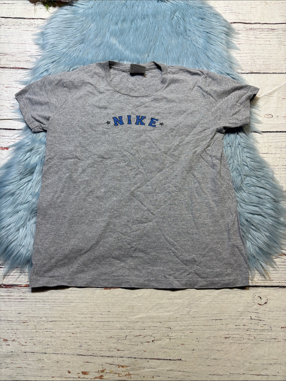 Vintage Nike Gray Short Sleeve Tee with Blue Logo Sz S